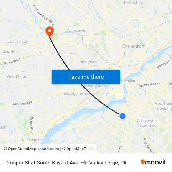 Cooper St at South Bayard Ave to Valley Forge, PA map