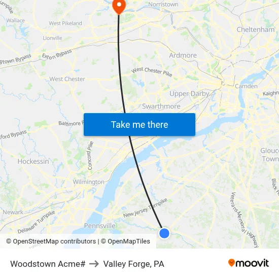 Woodstown Acme# to Valley Forge, PA map