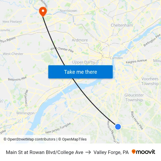 Main St at Rowan Blvd/College Ave to Valley Forge, PA map