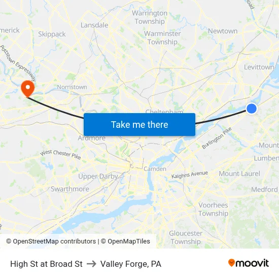 High St at Broad St to Valley Forge, PA map