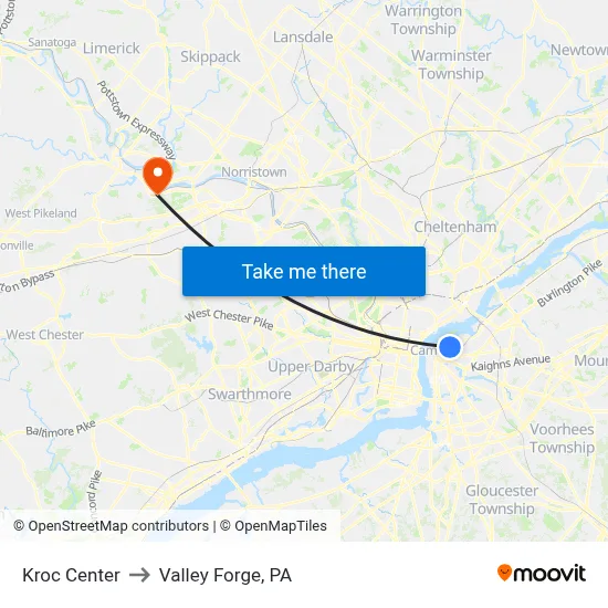 Kroc Center to Valley Forge, PA map