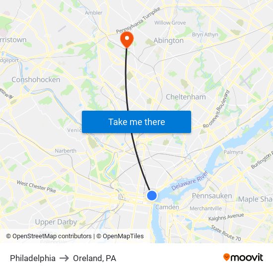 Philadelphia to Oreland, PA map
