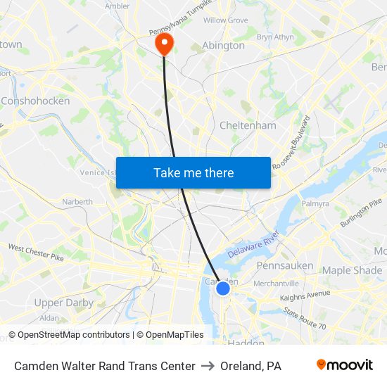 Camden Walter Rand Trans Center to Oreland, PA map