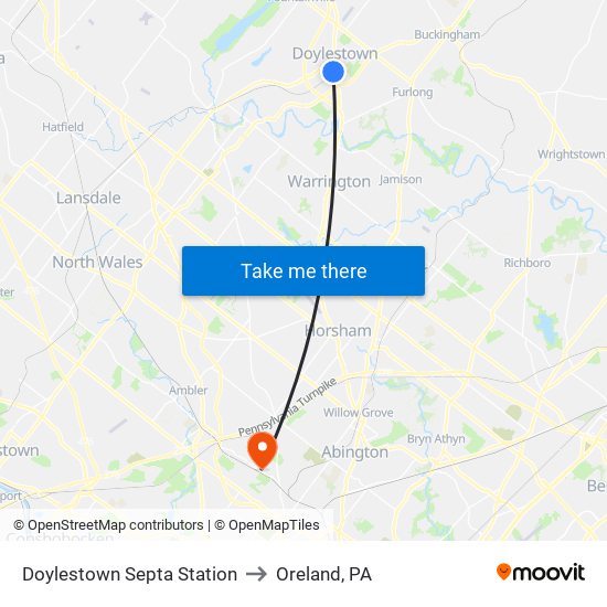 Doylestown Septa Station to Oreland, PA map