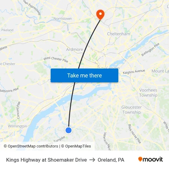 Kings Highway at Shoemaker Drive to Oreland, PA map