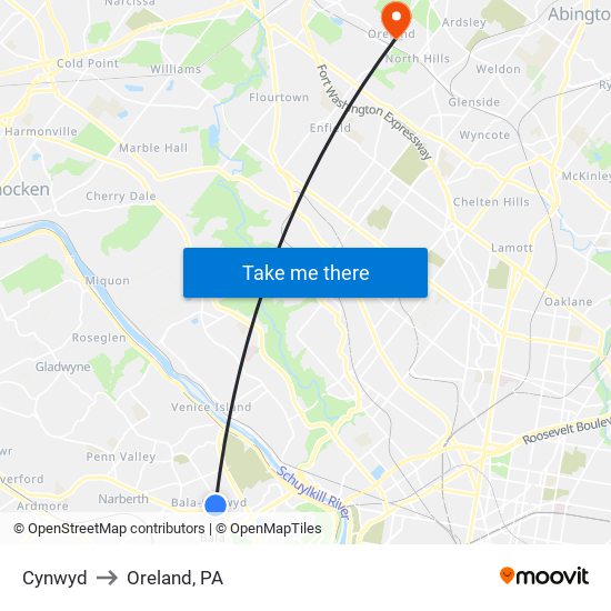 Cynwyd to Oreland, PA map