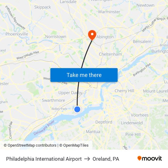 Philadelphia International Airport to Oreland, PA map