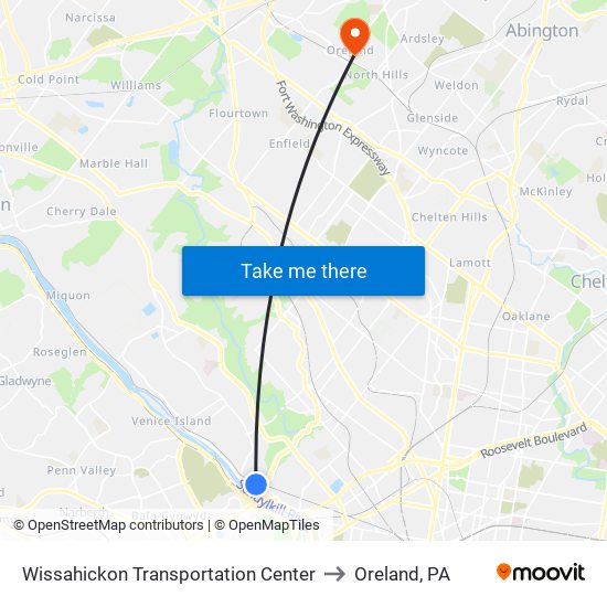 Wissahickon Transportation Center to Oreland, PA map