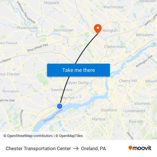 Chester Transportation Center to Oreland, PA map