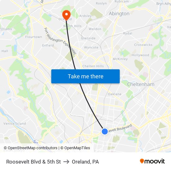 Roosevelt Blvd & 5th St to Oreland, PA map