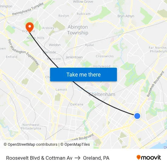 Roosevelt Blvd & Cottman Av to Oreland, PA map