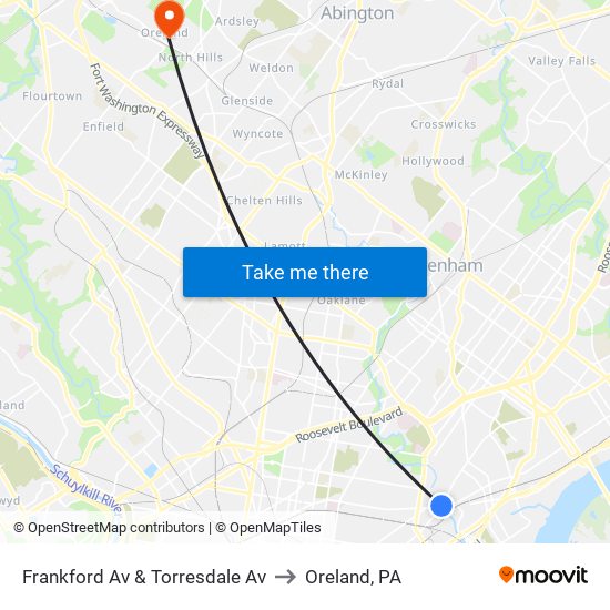 Frankford Av & Torresdale Av to Oreland, PA map