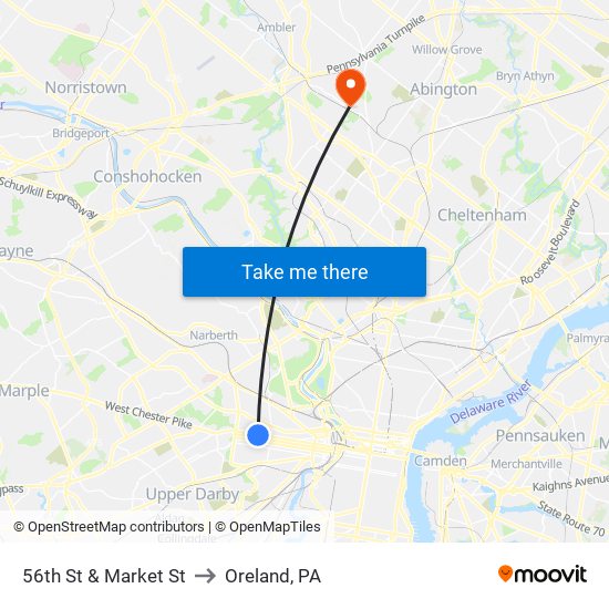 56th St & Market St to Oreland, PA map