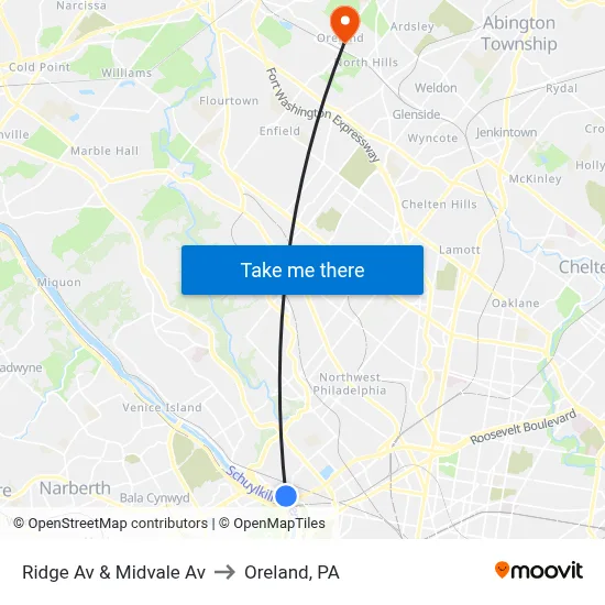 Ridge Av & Midvale Av to Oreland, PA map
