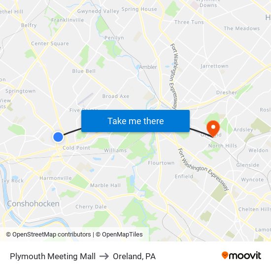 Plymouth Meeting Mall to Oreland, PA map