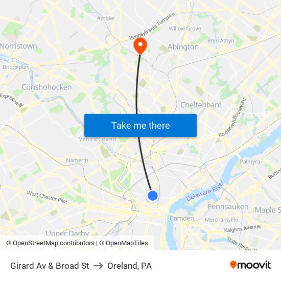 Girard Av & Broad St to Oreland, PA map