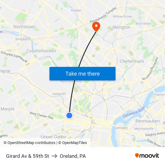 Girard Av & 59th St to Oreland, PA map