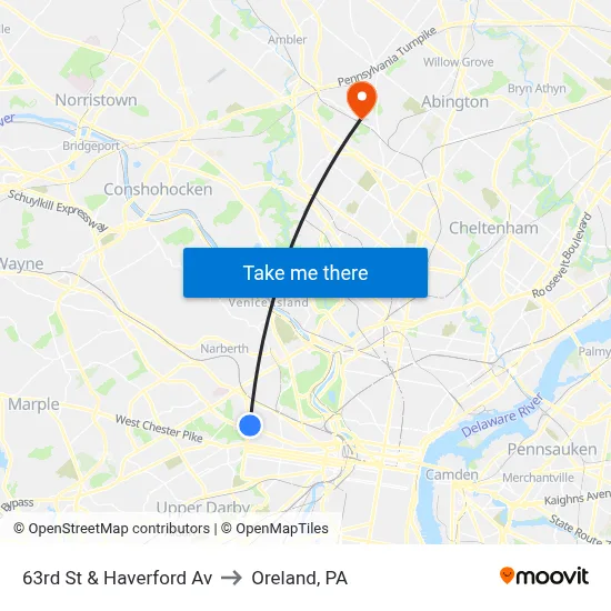 63rd St & Haverford Av to Oreland, PA map