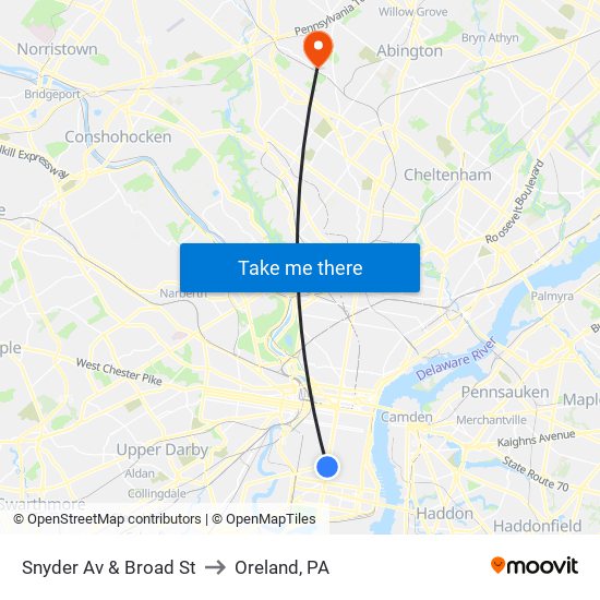 Snyder Av & Broad St to Oreland, PA map