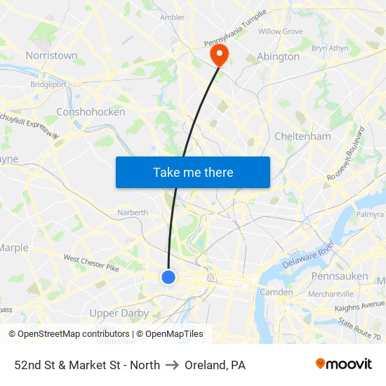 52nd St & Market St - North to Oreland, PA map
