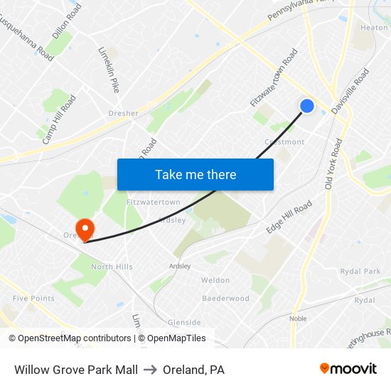 Willow Grove Park Mall to Oreland, PA map