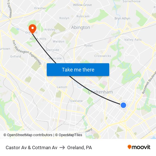 Castor Av & Cottman Av to Oreland, PA map