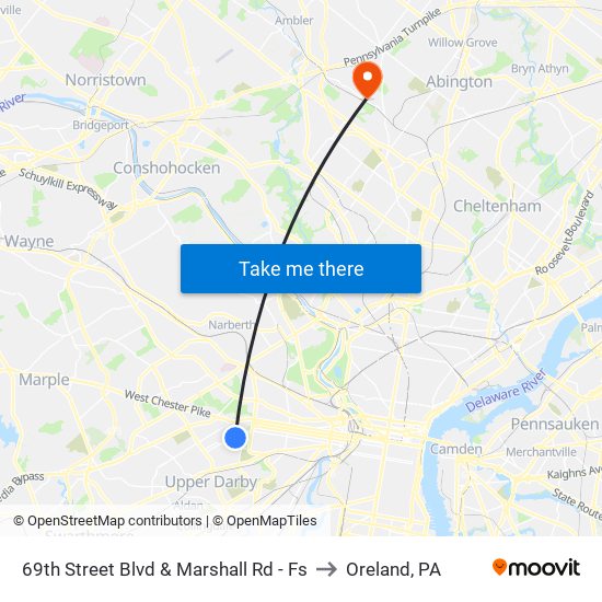 69th Street Blvd & Marshall Rd - Fs to Oreland, PA map