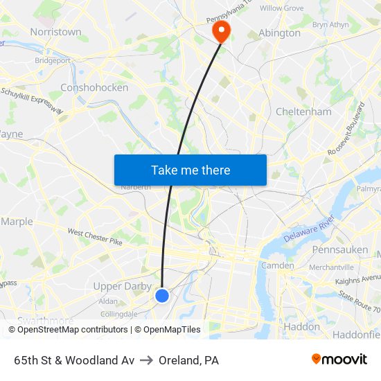 65th St & Woodland Av to Oreland, PA map