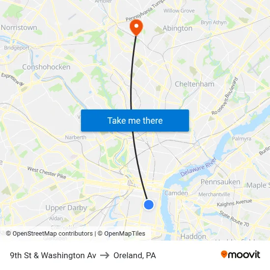 9th St & Washington Av to Oreland, PA map