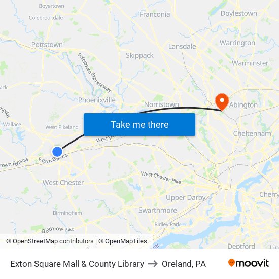 Exton Square Mall & County Library to Oreland, PA map