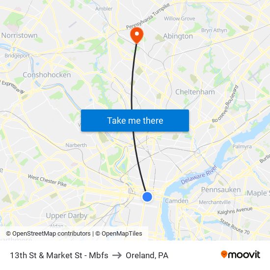 13th St & Market St - Mbfs to Oreland, PA map