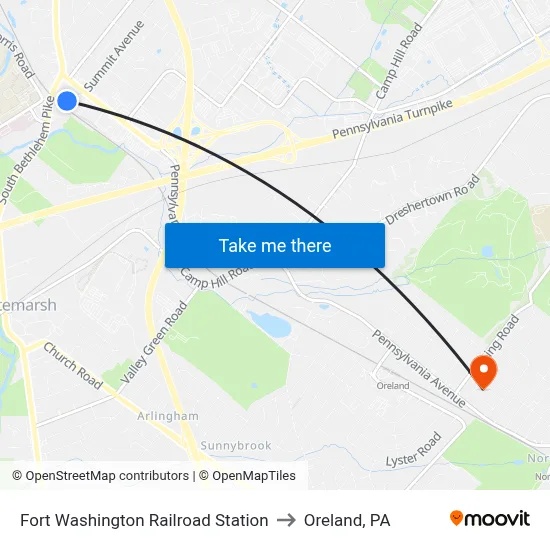 Fort Washington Railroad Station to Oreland, PA map