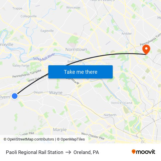 Paoli Regional Rail Station to Oreland, PA map