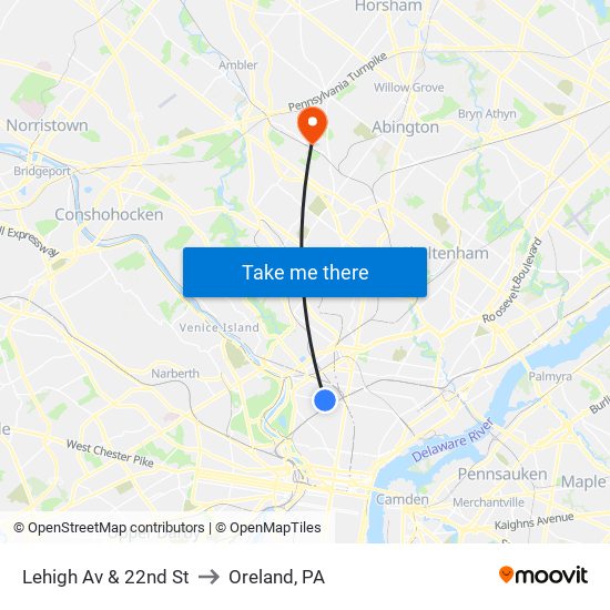 Lehigh Av & 22nd St to Oreland, PA map