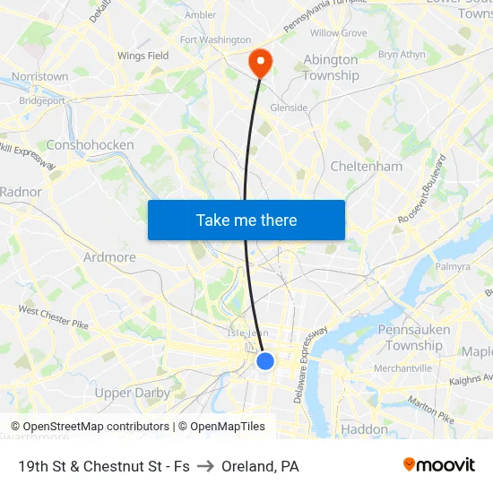 19th St & Chestnut St - Fs to Oreland, PA map