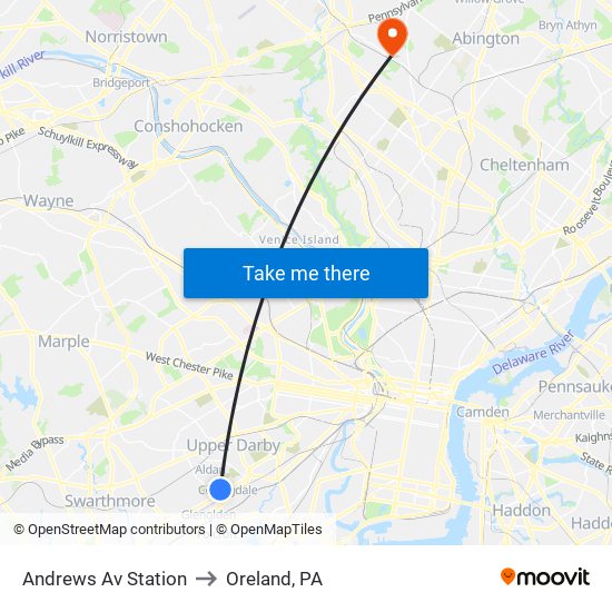 Andrews Av Station to Oreland, PA map