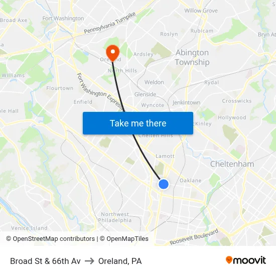 Broad St & 66th Av to Oreland, PA map