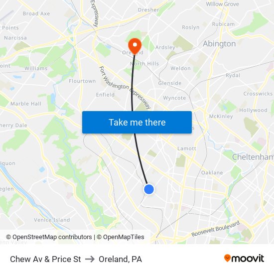 Chew Av & Price St to Oreland, PA map
