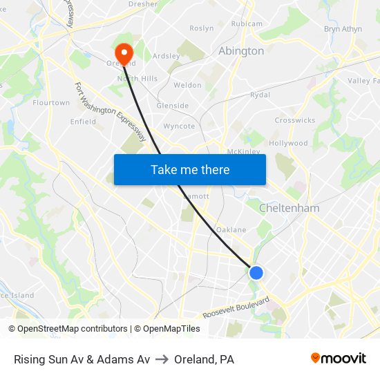 Rising Sun Av & Adams Av to Oreland, PA map