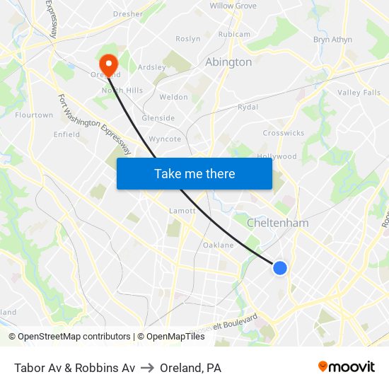 Tabor Av & Robbins Av to Oreland, PA map