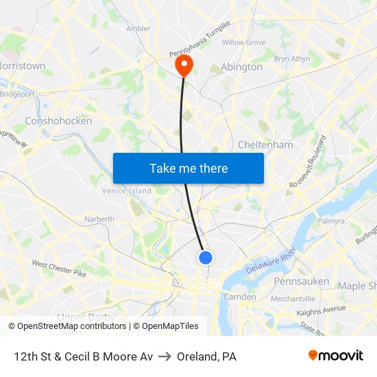 12th St & Cecil B Moore Av to Oreland, PA map