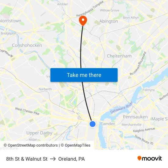 8th St & Walnut St to Oreland, PA map