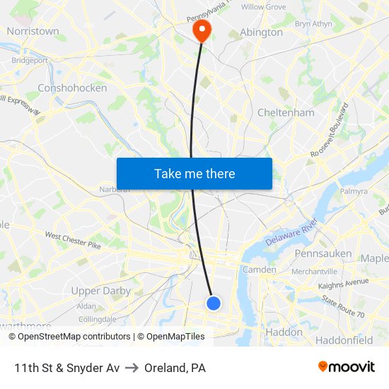 11th St & Snyder Av to Oreland, PA map