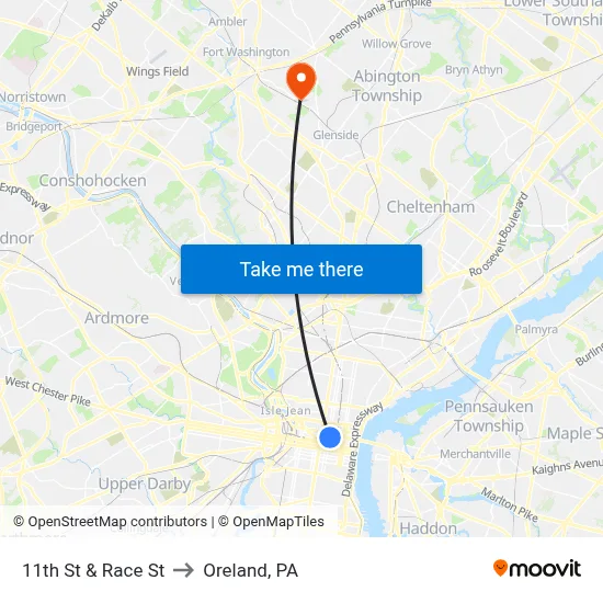 11th St & Race St to Oreland, PA map