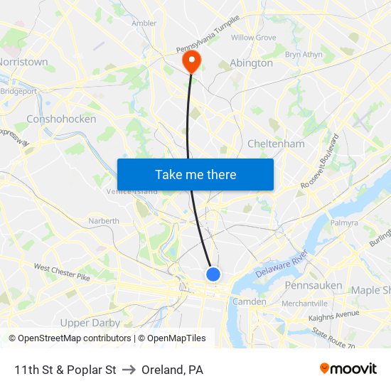 11th St & Poplar St to Oreland, PA map
