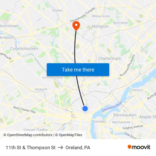 11th St & Thompson St to Oreland, PA map