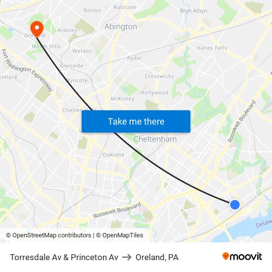 Torresdale Av & Princeton Av to Oreland, PA map
