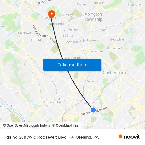 Rising Sun Av & Roosevelt Blvd to Oreland, PA map