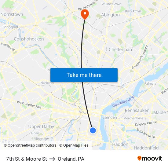 7th St & Moore St to Oreland, PA map