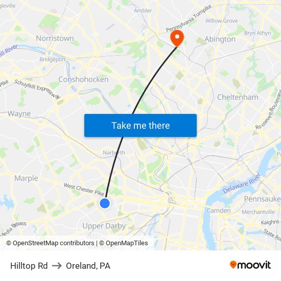 Hilltop Rd to Oreland, PA map